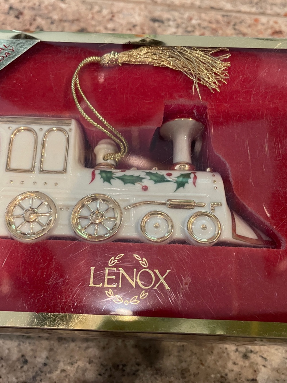 Lenox White Porcelain Holly Train Ornament with Gold Trim and Red Berries